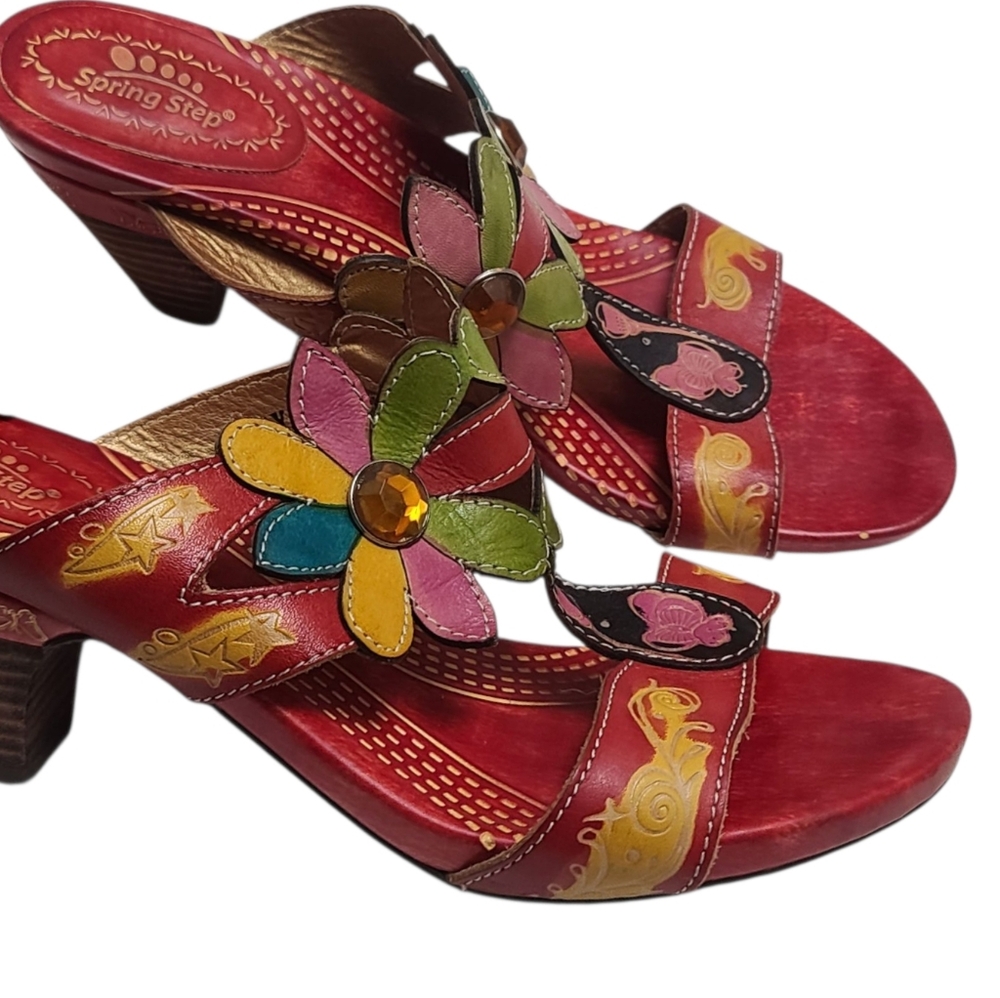 Spring Step Women's Red Floral Sandals, Low Heel, Size 40, Papaya - Picture 1 of 13